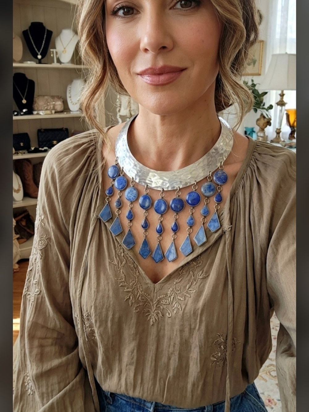 Custom Made Boho Statement Chunky  Blue Bib Necklace with Solid Sterling Silver